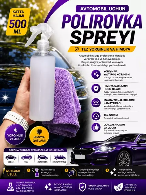 Avtomobil uchun polirovka spreyi 500 ml: tayyor formula, tez quriydi