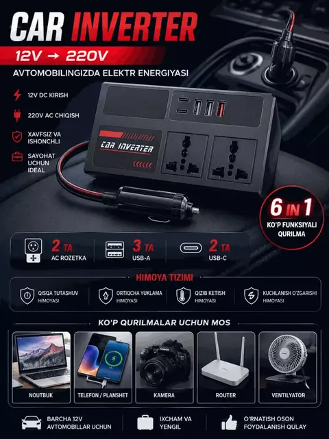 Avtomobil invertori Aideepen 12V/24V dan 220V gacha, 1500 Vt