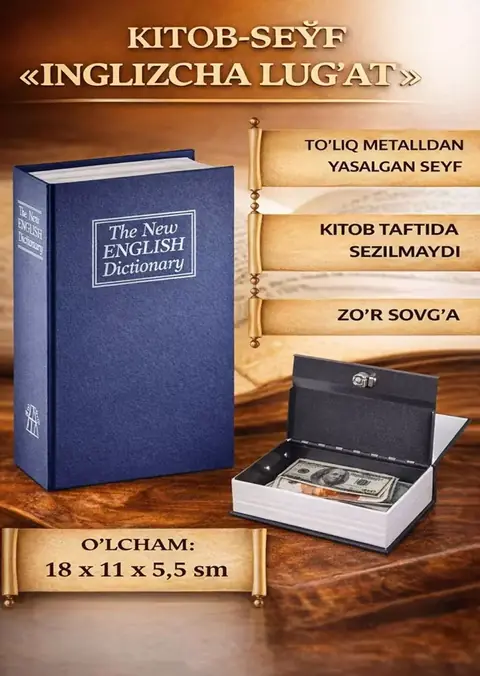 Kitob ko‘rinishidagi yashirin seyf — metall korpus, kalitli qulf
