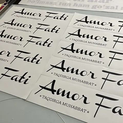 Avtomobil uchun Amor Fati yozuvli nakleyka