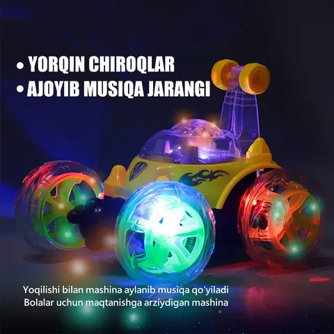 Chiroqli va musiqali o‘yinchoq mashina, 360° aylanuvchi g‘ildiraklar