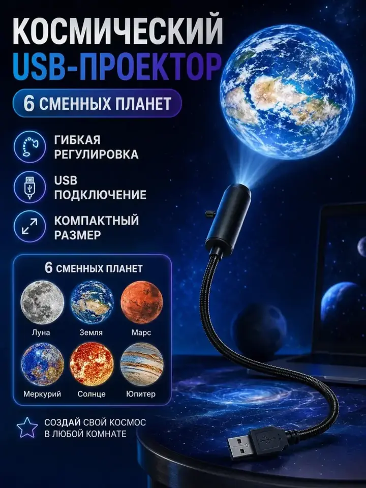 Koinot tasvirlarini devorga tushiruvchi LED chiroq