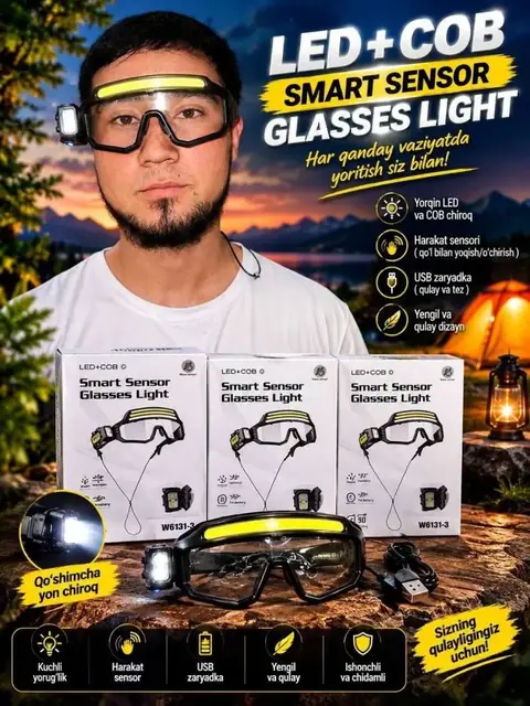 W6131-3 himoya ko‘zoynagi: LED va COB yoritgichli, sensorli
