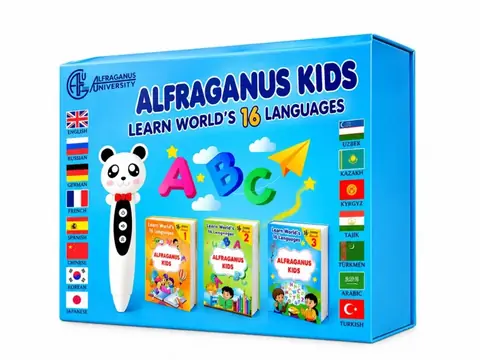 Alfraganus Kids 16 tilli ta’limiy to‘plam, 3 ta kitob va aqlli ruchka
