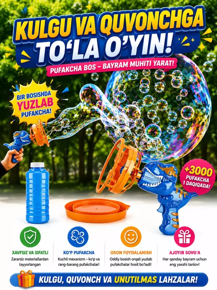 Pufakchalar chiqaruvchi o‘yinchoq va sovunli suv idishi